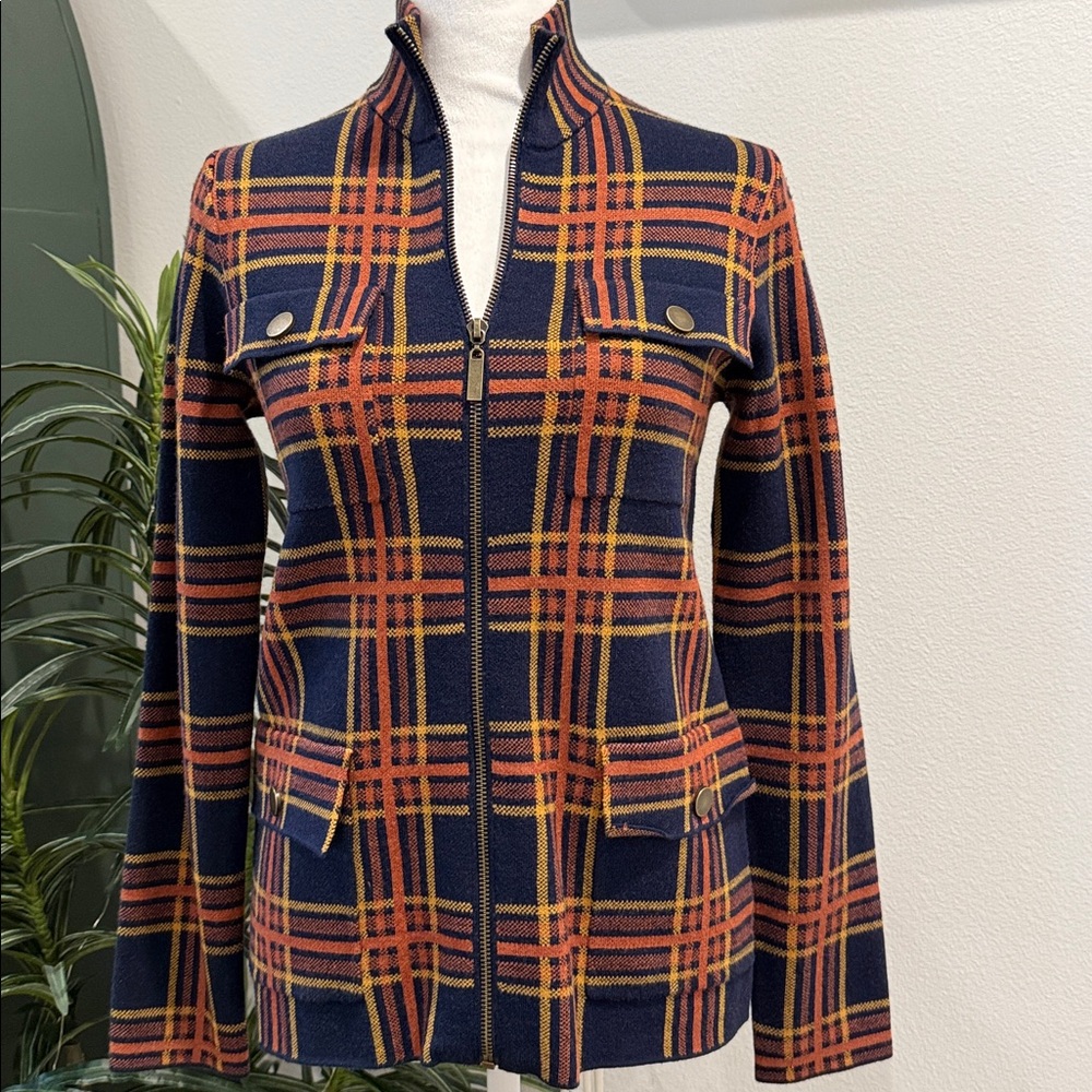 Rachel Zoe Plaid Zip Front Sweater Jacket Shacket Navy Blue Orange NWOT XS